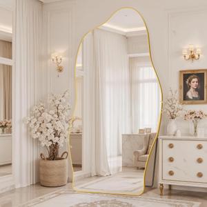 Antok Irregular Full Length Mirror, 81"x41" Asymmetrical Floor Mirror with Stand, Standing Hanging Leaning Irregular Mirrors for Bedroom Living Room Entryway, Cloud Shaped, Golden