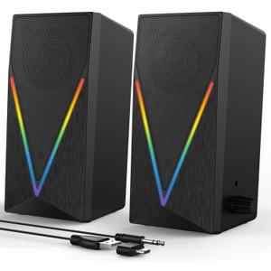 Computer Speakers, Desktop PC Speakers with 6 Colorful RGB Lights, Headphone Jack, Enhanced Bass and Volume Control, USB Powered & 3.5mm Aux Gaming Speakers for Laptop Monitor PC Tablet Phone