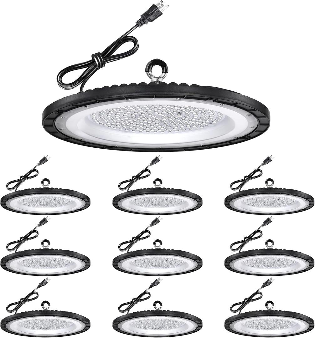 200W UFO LED High Bay Light 10-Pack, 30000LM 5000K AC100-277V UFO High Bay LED Shop Light with Plug Alternative to 800W MH/HPS for Garage Workshop Warehouse Factory Gym Barn.
