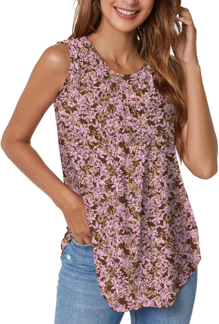SUNNEGOO Women's Sleeveless Tank Tops Printed Pleated Loose Casual Blouse Shirt Flare Tunic Tank Tops for Women Summer (Medium, Pink Floral)