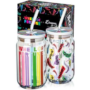 Dragon Glassware x Wheel of Fortune Drinking Glasses - 16 oz Glass Cups with Lids and Straws Set of 2 - Clear Iced Coffee Cups with Lids - Reusable Glass Tumbler with Straw and Lid