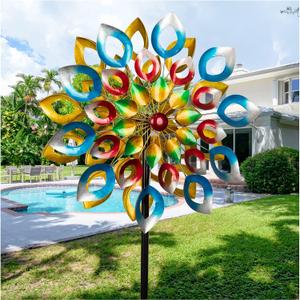 Yard Garden Wind Spinners with Stake - Large Outdoor Metal Wind Spinners, Lawn Yard Art Garden Decor (24" W x 84" H) (Multi-color 06)