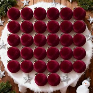 32 Pcs Velvet Christmas Tree Ornaments Balls with Velvet Ribbon Christmas Tree Hanging Decorations Neutral Flocked Balls Bulk for Xmas Home Indoor (Red)