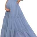 Swiss Dot Smocked Maternity Dress for Baby Shower Photoshoot Casual V Neck Ruffle Sleeve Empire Waist Tiered Boho Dress, Size: XX-Large (Blue)
