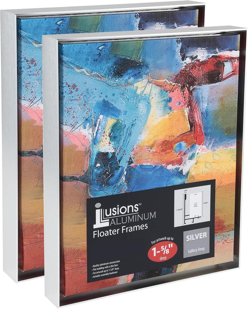 Creative Mark Illusions Aluminum Floater Frames 1-5/8" 2 Pack, 16x20 Silver - Canvas Floater Frames with Sleek Metal Exterior, Flat Molding & Assembly Hardware for Artists, Professionals, Galleries