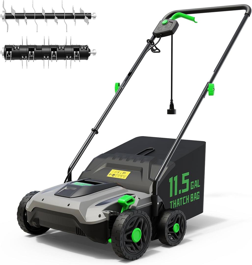 TIECTOWN 14-Inch 13.5 Amp 2-in-1 Electric Dethatcher and Scarifier with 11.5-Gallon Collection Bag, Lawn Dethatcher with 5-Position Depth Adjustment, Blade Replacement Without Tool - Green