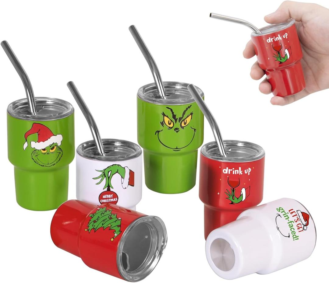 Mini Shot Glasses with Lids and Straws, 3 oz Cute Christmas Style Stainless Steel Insulated Sublimation Tumbler Cup for Drink Cocktail Bar Beach Party Gift (6 Packs)