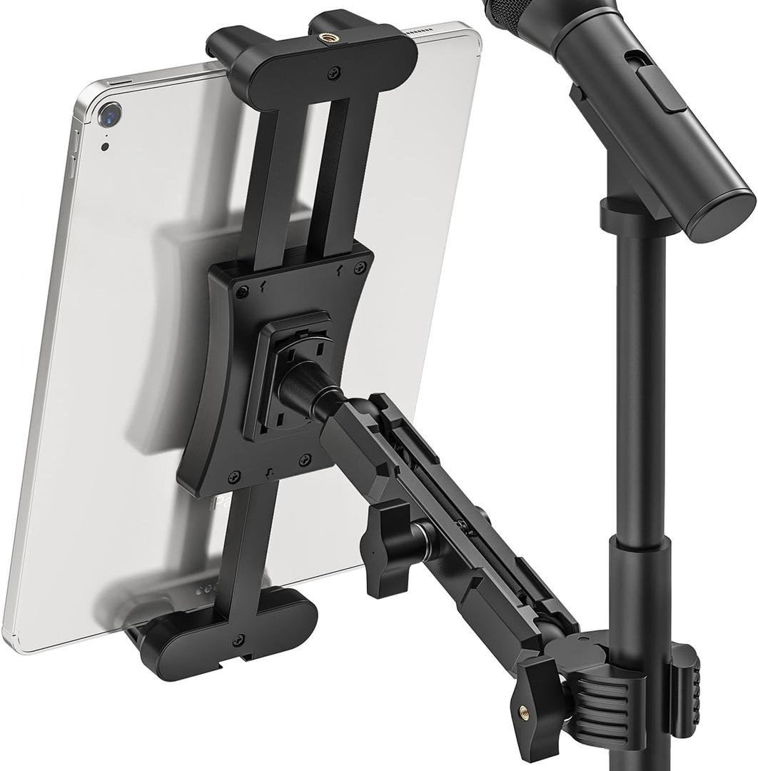 iPad Mic Stand Mount, 360 Rotation Tablet Holder for Microphone Music Stand with 5.9 Inch Metal Arm, Super C Clamp for 0.6-1.5 Diameter Rods, Compatible with All 4.7-13.5" Tablet & Smartphones