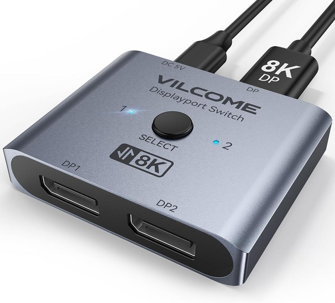 Vilcome DisplayPort Switch 8K Splitter, Plug & Play, One-Button Switching, Bidirectional Display Port Switcher Box 2 in 1 Out/ 1 in 2 Out, 8K@60Hz, 4K@120Hz, 1080P@240Hz for PC Monitor Laptop (Gray) (Grey)