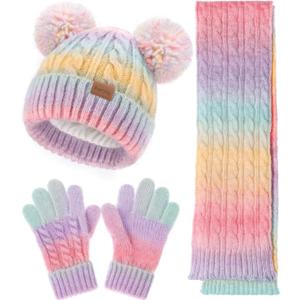 Kids Winter Hat Scarf Gloves Set, Toddler Girl Boy 8% Wool Fleece Lined Pom Beanie Knit Neck Mittens Children Christmas Gifts