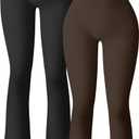 OQQ Women's 2 Piece Yoga Pants Ribbed Seamless Workout High Waist Bell Bottoms Flare Leggings, Large, Black/Dark Brown