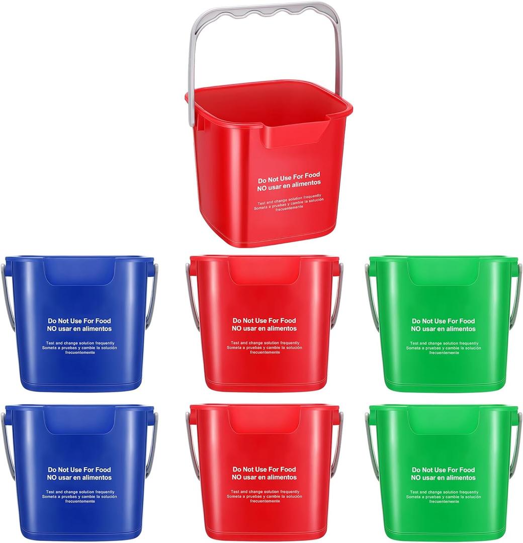 Roshtia 6 Pcs 3 Quart Cleaning Bucket Small Sanitizing Square Bucket Detergent Pail for Home Commercial Restaurant Kitchen Office School (Red, Blue, Green)
