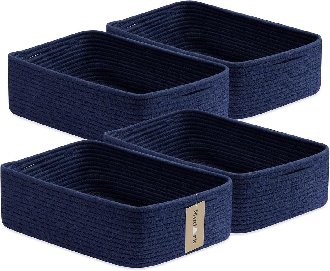 MiniArk Large Shallow Organizing Baskets 15x11x5.1 Inches - Rope Woven Storage Bins for Bathroom, Shelves, Cube Closet, Navy Blue 4 Packs