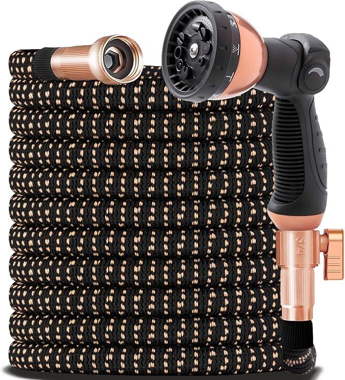 100FT Expandable Garden Hose - with 10-Function Spray Nozzle - Lightweight, Flexible, Retractable Garden Hose, Water Hose - No-Kink Flexibility,3/4" Solid Brass Fittings-ChampagneGold