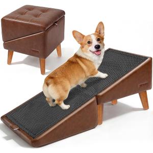 Dog Stairs for Small Dogs 16" H - Upgraded Non-Slip Dog Ramp for Couch, Foldable 2-in-1 Pet Ramp and Ottoman, Pet Stairs for Puppy, Pet Steps with Solid Wood Frame (Brown)