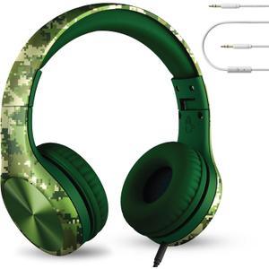LilGadgets Connect+ Pro Wired Kids Headphones for School with Microphone, Volume Limiting Over-Ear Headset with Cord, SharePort Technology & SoftTouch Padding, Green Digital Camo (Printed)