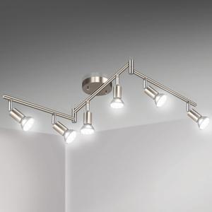 Unicozin LED 6 Way Ceiling Spot Lighting Kit - Matt Nickel, Flexibly Rotatable Light Head, Modern Track Light Included, 6 x LED GU10 Bulb (4W, 5000K Daylight, 400LM) (6 Light)