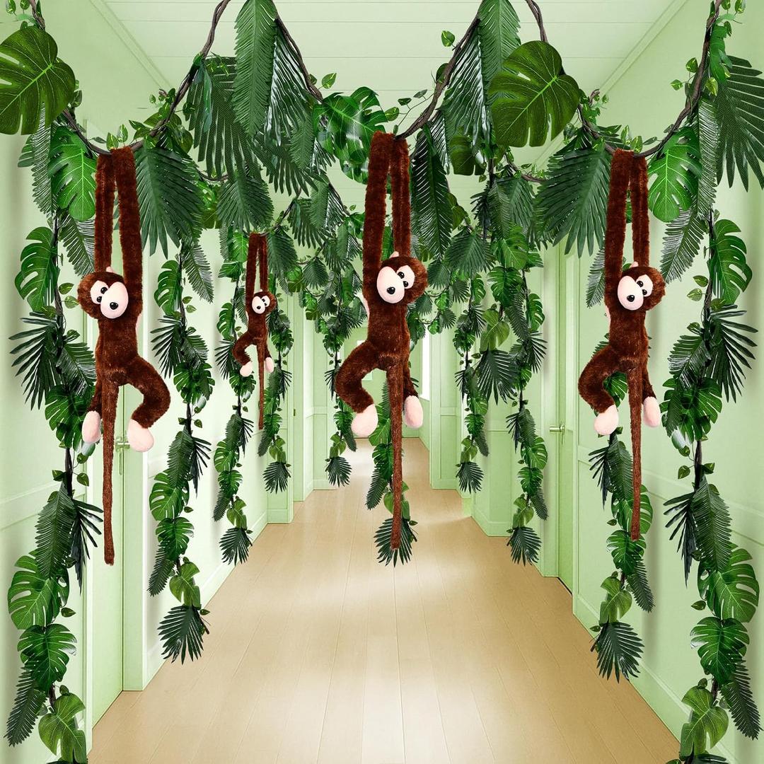 Suncalla 90 Pcs Jungle Theme Decoration Tropical Rainforest Safari Party Decor 4 Hanging Monkey Stuffed 14.4 ft Pothos Vines 20ft Artificial Rattan 60 Palm Leaf Set for Birthday Classroom Party (20ft)