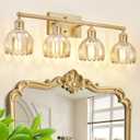 Bathroom Light Fixtures Over Mirror, 27.2 in Vintage Bathroom Light Fixture 4 Light,Antique Brass Wall Sconce with Amber Tulip Glass Shade for Bedroom Living Room,Foyer,Hallway, E26 Base