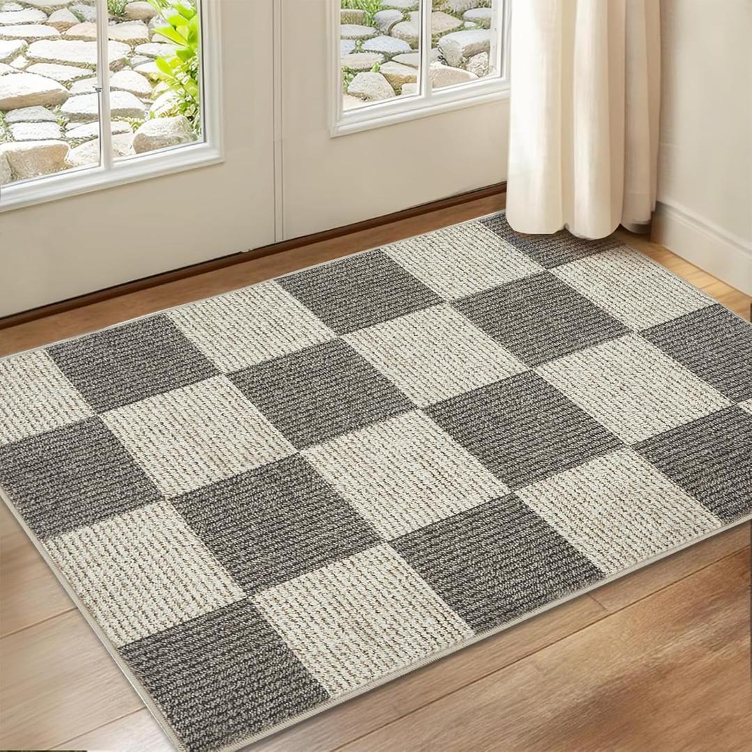 Checkered Rug 2x3 Washable Soft Rug Low-Pile Boho Rugs for Living Room with Non-Slip Backing for Bedrooms, Classroom, Dining Room, Office, Kids Playroom (Khaki)