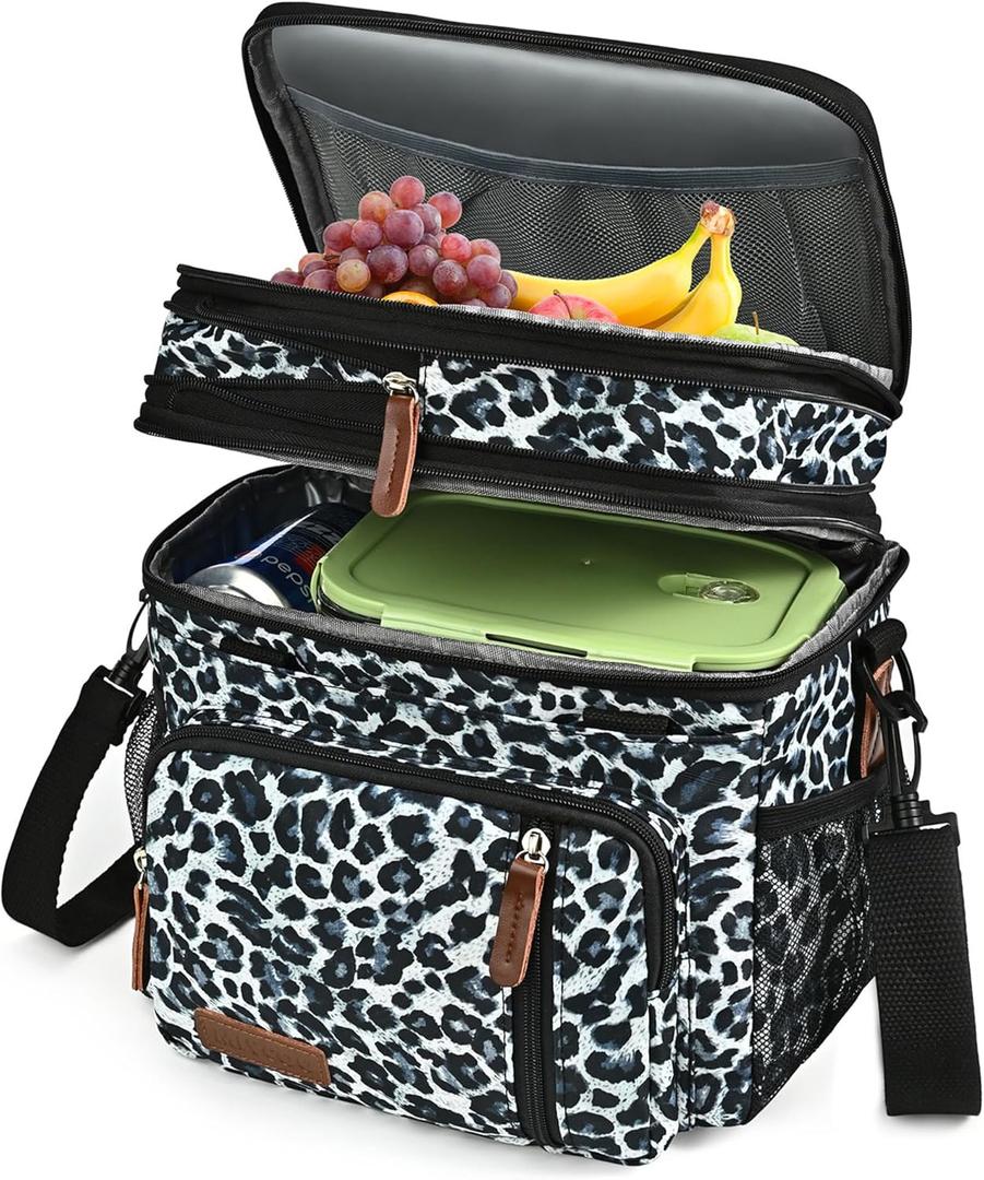 MIYCOO Lunch Bag & Lunch Box for Women Men, Double Deck Leakproof Insulated Soft Large Adult Camping Cooler bag for Work, Beach, Picnic, Travel (Leopard print, 15L)