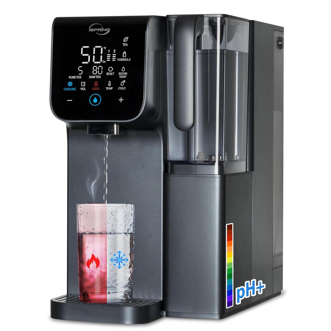 iSpring RCD100HCG Hot & Cold Reverse Osmosis System Countertop, Alkaline RO Water Filter Dispenser, 9 Temperature & 6 Dispensing Volume Options, TDS & Filter Lifespan Monitor, Plug and Play