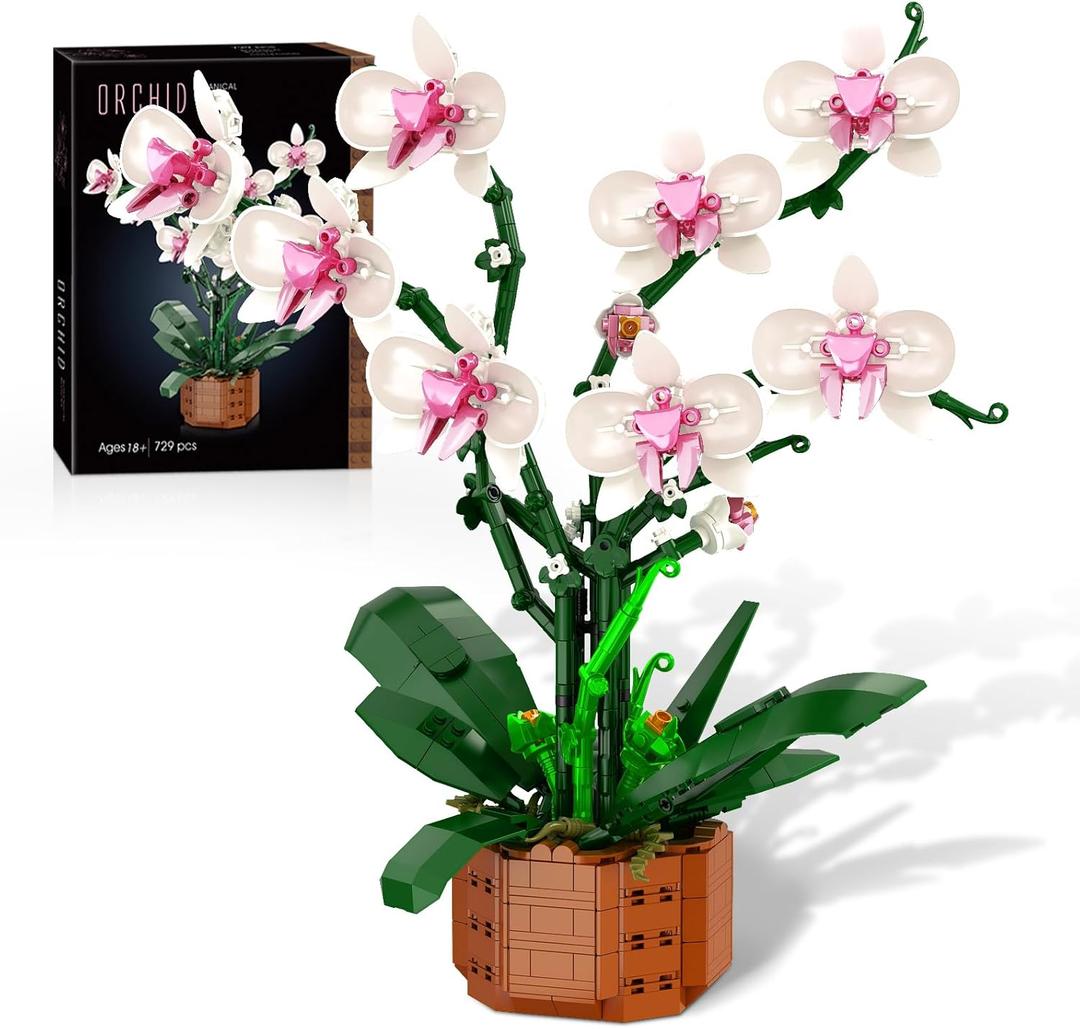 Bilinott Orchid Flower Building Blocks Set, Fake Indoor Flowers Building Set for Home, Kitchen, Desk Decoration, Mothers Day, for Adults Ages 18+