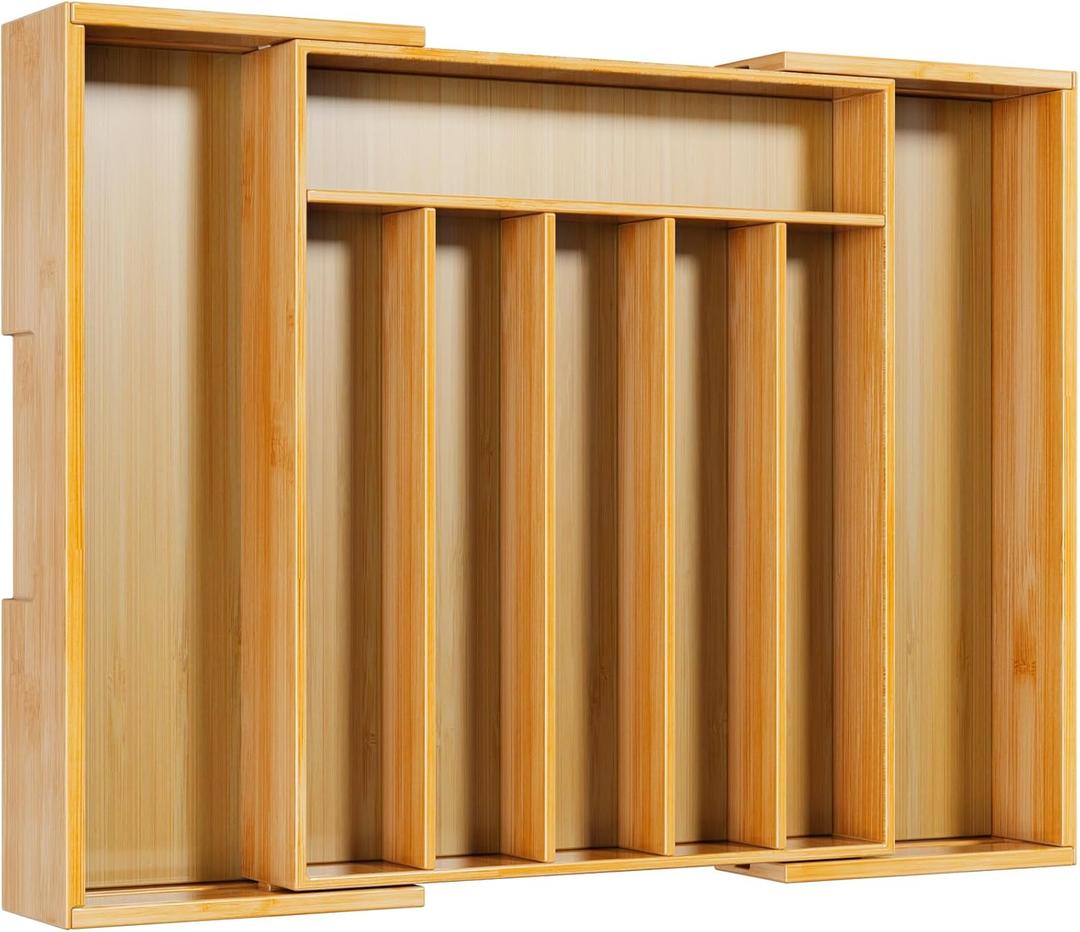 Kitsure Large Bamboo Silverware Organizer - Expandable Drawer Organizer for Utensil, Cutlery and Flatware, Kitchen Storage Solution with 6 to 8 Slots, Natural, 19.4"  13.1"  1.8"