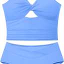 Girls Swimsuit Color Block Girls Bathing Suit Twist Tankini Set Two Piece Girl Swimwear Bikini Set for 9-16 Years (11-12 Years, Solid Blue)