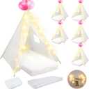 6 Pack Sleepovers Teepee Tent for Kids Bulk with Mattress Sheet Light,Natural Cotton Washable Indoor Play Tent for Birthday Slumber Party Girls Boys Pajama Movie Night Supplies(White)