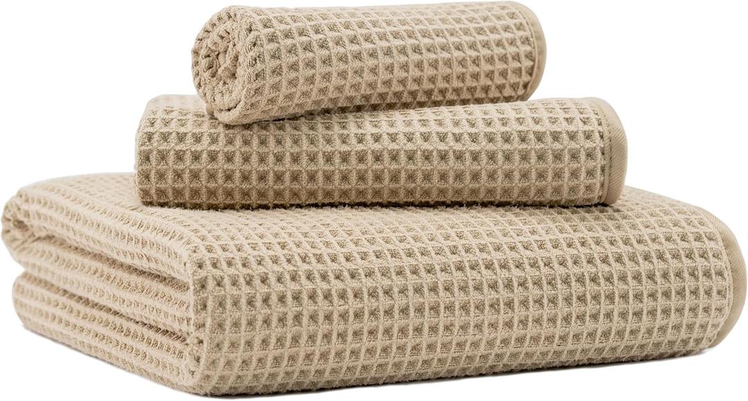MICROFI Microfiber Waffle Bath Towels, 3 Pieces, Oversized, Soft, Absorbent, Fast Drying, Lint Free, Includes Bath, Face and Hand Towels 430 GSM Beige