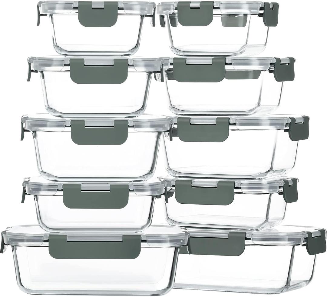 M MCIRCO 10-Pack Glass Food Storage Container with Lids, Airtight Lunch Bento Boxes, Glass Meal Prep Container,Microwave, Oven, Freezer and Dishwasher Friendly (Gray)