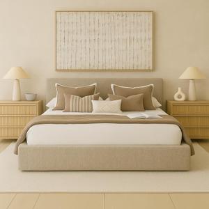 Cloud Bed Washable Unzippable Upholstered Soft Foam - RH- Square Frames- White Linen, Beige, Taupe, Black, Gray, Brown, Cream Boucle- 9 inch Box Spring-King-Queen (Beige Linen, Queen Base)