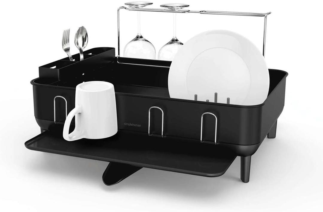 simplehuman Large Capacity Dish Drying Rack with Stainless Steel Frame, 360 Easy Drain Swivel Spout, Utensil & Wine Glass Holder, Anti-Residue Coating, Moisture Control Surface, Matte Black (Full-Size (20'' X 22.3'' X 11.5''))