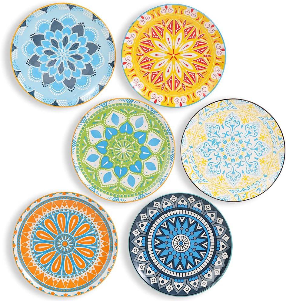 Dessert Plate Set of 6-8 Inch Ceramic Salad and Appetizer Plates - Vibrant Mix-and-Match Colors - Dishwasher and Microwave Safe