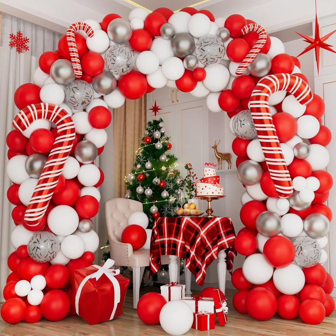 CboDeco Christmas Balloon Garland Arch Kit, Red White Silver Balloons, Gift Box Foil Balloon, Cane Foil Balloons, Perfect for Christmas and New Year Party Decorations