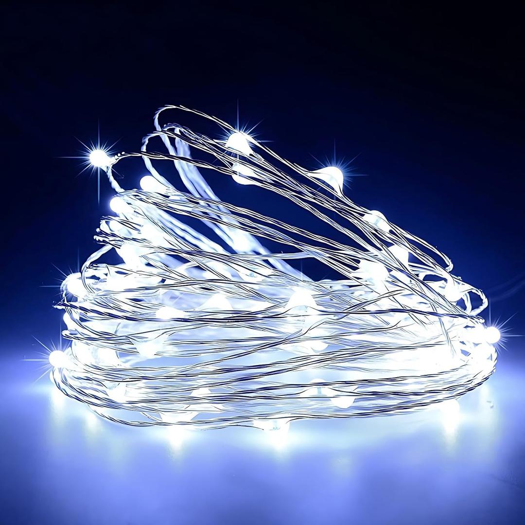 Timer Led String Light,1 Pack Mini Battery Powered Silver Wire Starry Fairy Lights,Battery Operated Lights for Bedroom,Christmas,Parties,Wedding,Christmas Gift Decoration (5m/16 ft Cold White)