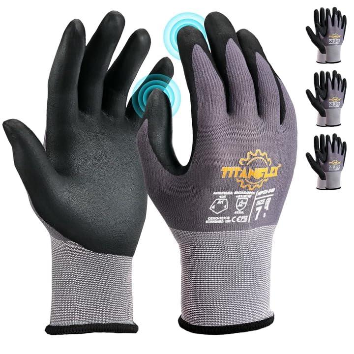 TitanFlex Work Gloves Microfoam Nitrile Coated Men Women-3 Pairs, Safety Warehouse Gloves Mens Working Glove with Grip Heavy Duty, Touchscreen, Seamless Knit Nylon for Automotive, Garden (Medium)