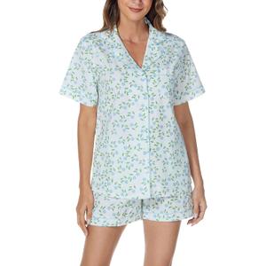 LUBOT 100% Cotton Pajamas for Women 2 Piece PJ Set Poplin Woven Lightweight Ladies Button Short Sleeve Sleepwear (White, XS)