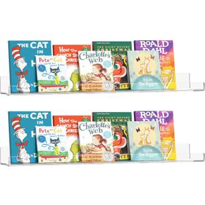 36 Inches Clear Acrylic Floating Shelves Wall, Bookshelf for Kids, Nursery Book Shelves, Magazine Rack, Picture Ledge Shelf for Photo Frames Vinyl Records, Pack of 2