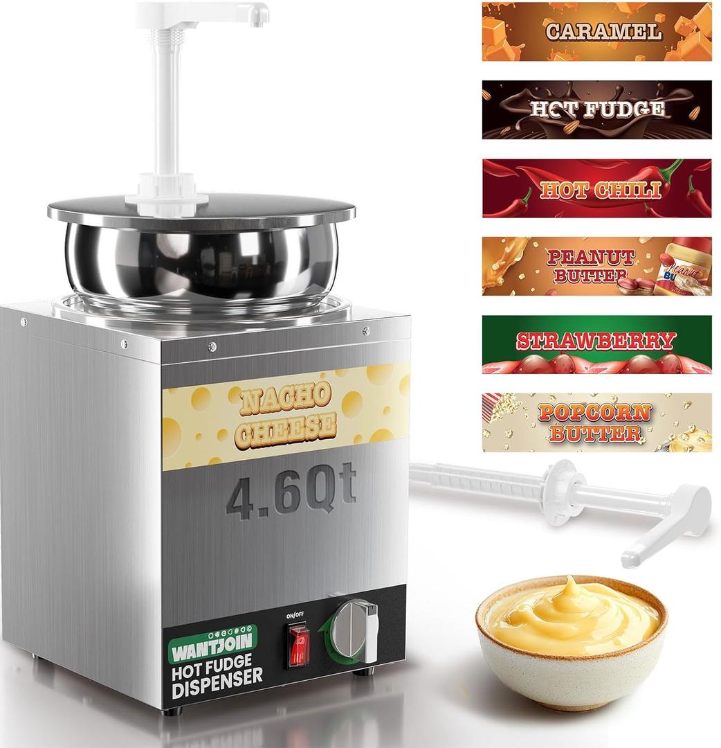 WantJoin 4.6Qt Nacho Cheese Dispenser with Pump - Nacho Cheese Warmer,Stainless Steel Hot Fudge Warmer W/5-Level Temperature Adjustment,Hot Fudge Dispenser for Hot Fudge Cheese Caramel (Sliver)