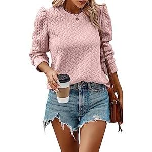 PRETTYGARDEN Quilted Puff Sleeve Sweatshirt Fall Fashion 2024 Trendy Casual Western Ladies Pullover Outfits Clothes (Pink, M)