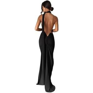 Women's Sexy One Shoulder Backless Maxi Dress Elegant Ruched O Ring Sleeveless Evening Dress Long Gown Cocktail Dress S