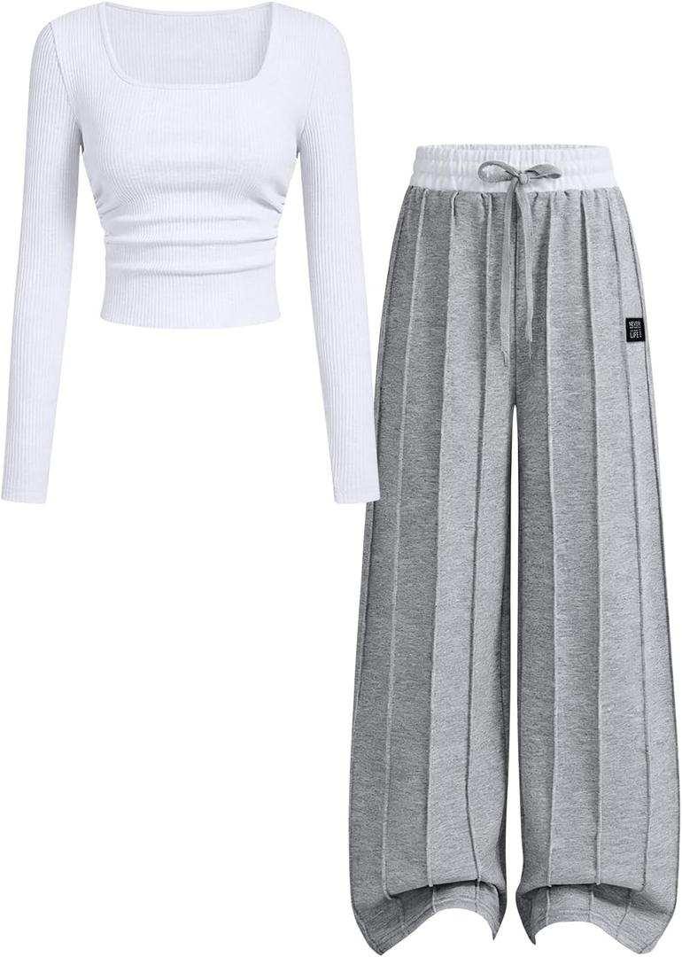 Tween Girl Clothes 2 Piece Ribbed Ruched Top and Wide Leg Pants Set Size 7-14 Years