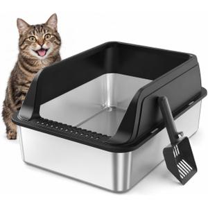 FURTIME Stainless Steel Litter Box with Lid, High Sided Metal Litter Box