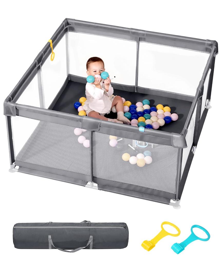 [Upgraded] dearlomum Baby Playpen, 50"x50" Sturdy Baby Playard with Thickened Steel Pipes, Indoor & Outdoor Anti-Slip Safety Fence with Soft Mesh for Toddlers (Gray) (Grey)
