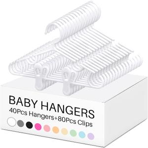 Hsei 5/10/40 Pack Baby Hangers with 10/20/80 Clips, Plastic Kids Pants Hangers for Nursery Closet Top and Bottom Clothes Hanger Set for Newborn Infant Toddler(120 Packs Total,White,10.6 Inch)