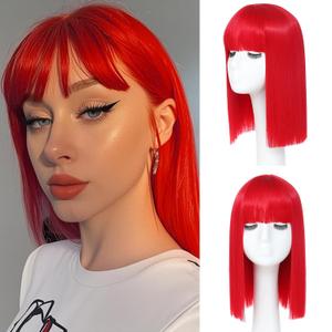 Red Bob Wig With Bangs - Heat Resistant 14Inch Synthetic Hair, Short Straight Shoulder Length Natural-Looking Cosplay Wig for Daily Use, Parties & Women Girls