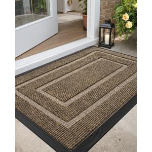 DEXI Front Door Mat Outside Entrance, Heavy Duty Rubber Backed Doormat, Stain and Fade Resistant, Low-Profile Easy Clean Entryway Floor Mats, 4x2, Rectangles Brown