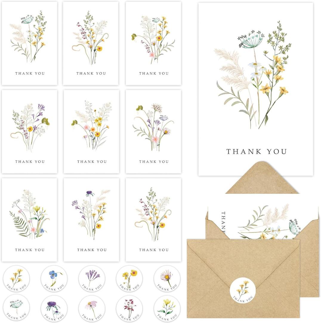 48 Pack Floral Thank You Cards with Envelopes, Wildflower Thank You Notes with Kraft Envelopes for Wedding Bridal Shower Baby Shower Teachers Graduation, 4 x 6 Inch